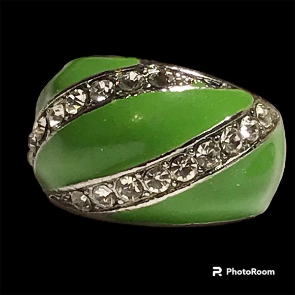 Vintage Green Enamel Cocktail Ring Silver Plated Crystal Rhinestone Size 7 Boho - Picture 3 of 12
